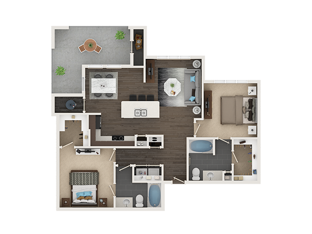 Floor plan for 2 beds, 2 baths, 1099 sqft